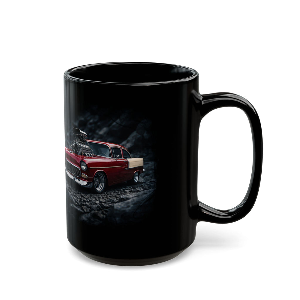 Black mug with white architectural design on a white background