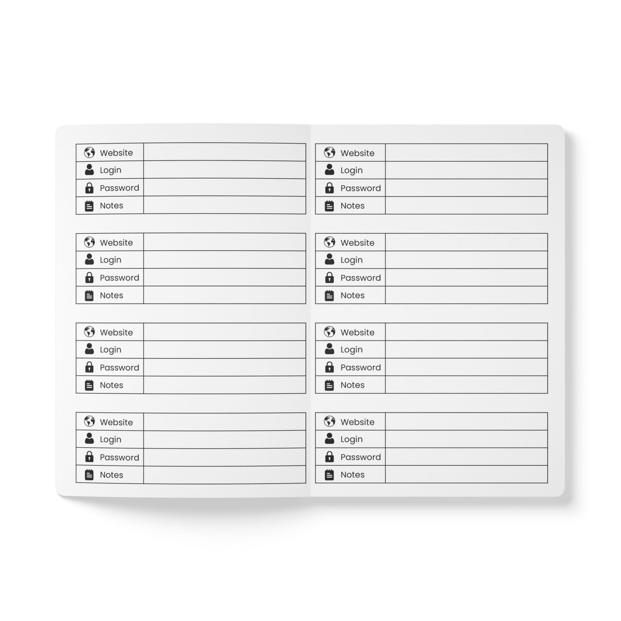 Close-up of password journal's inner pages with fields for website, login, password, and notes. Password keeper.