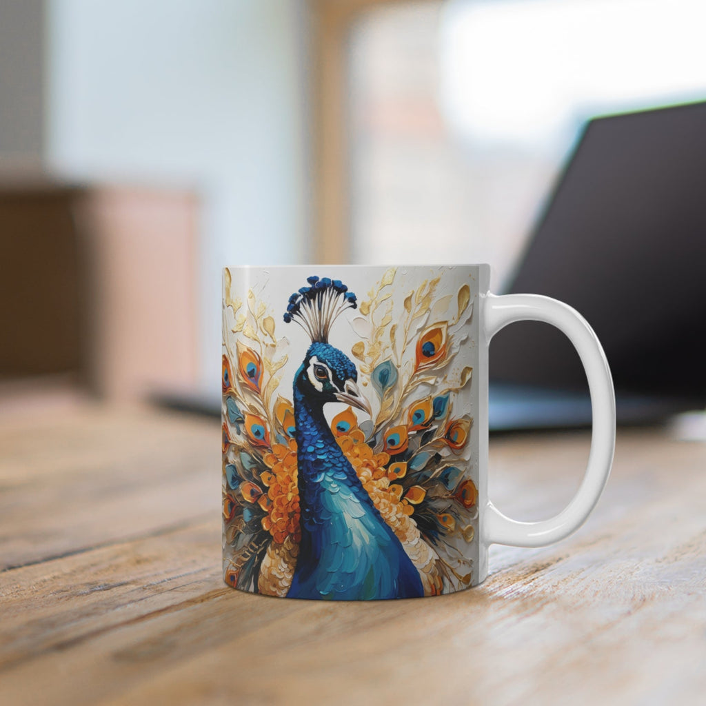 Mug with peacock design on a wooden surface