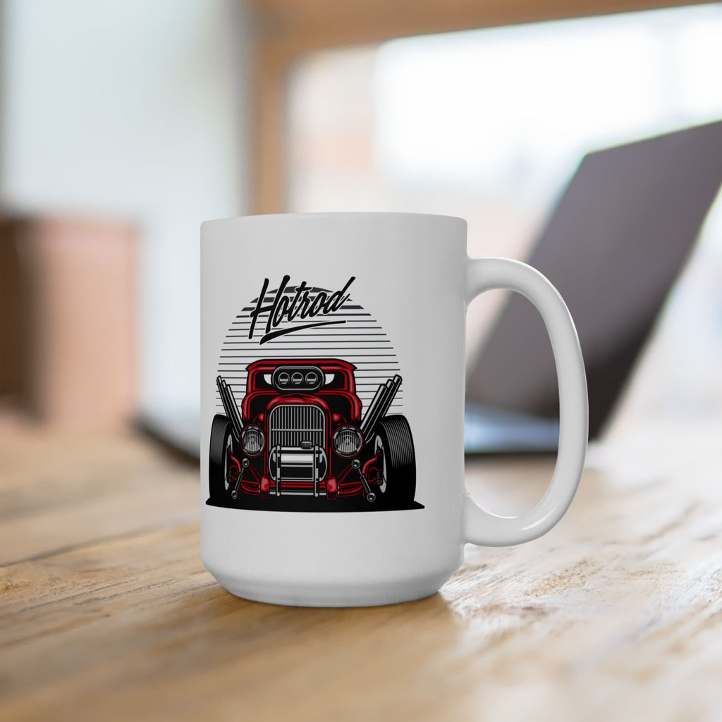 White mug with a red hot rod design and 'Hotrod' text on a wooden surface.