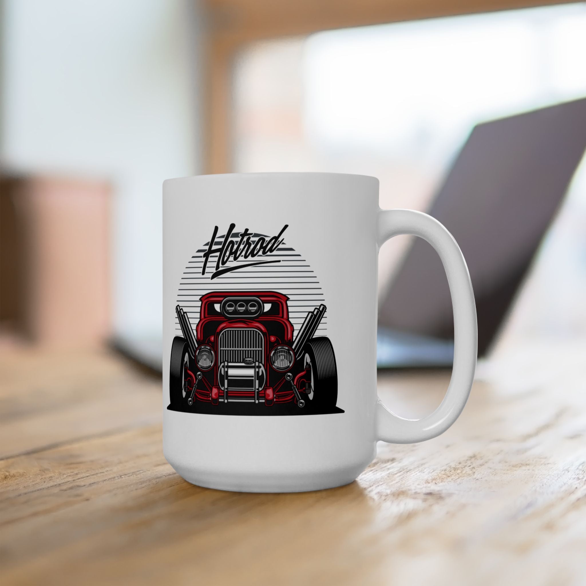 White mug with a red hot rod design and 'Hotrod' text on a wooden surface.