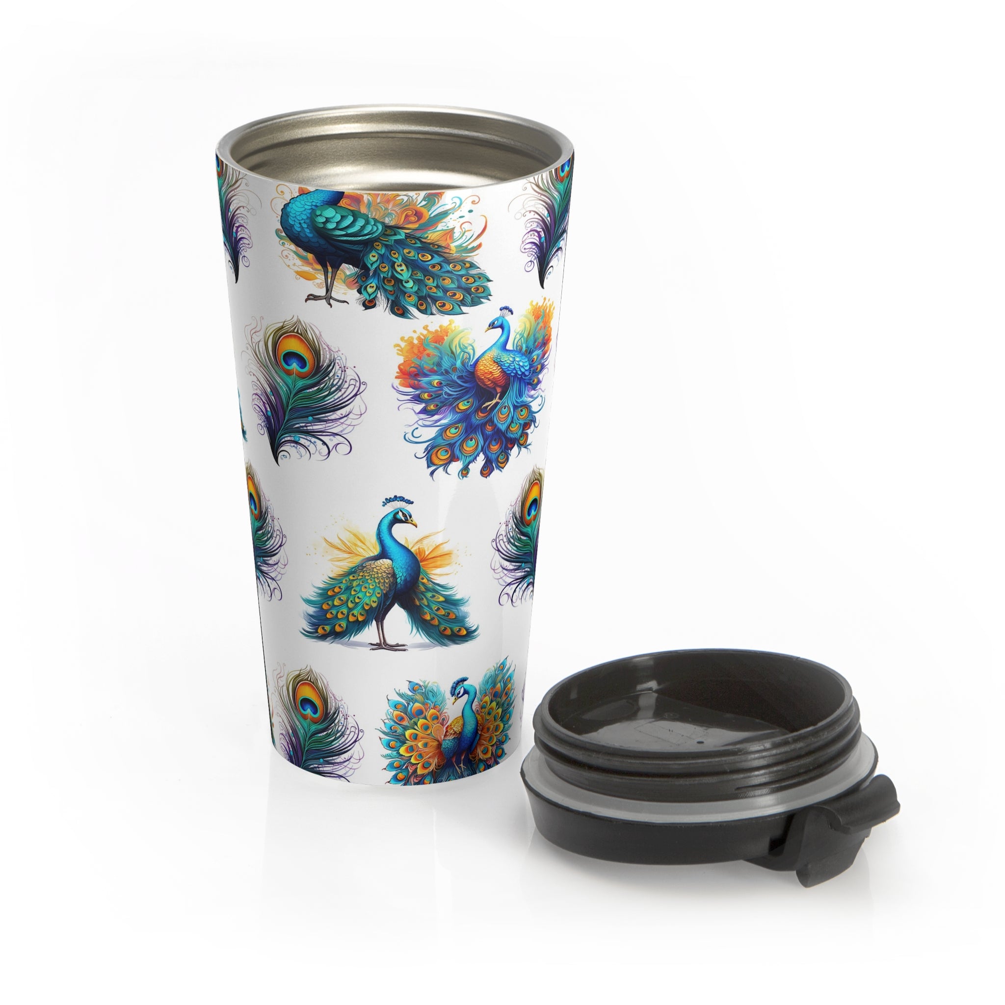 Travel mug with peacock design on a white background