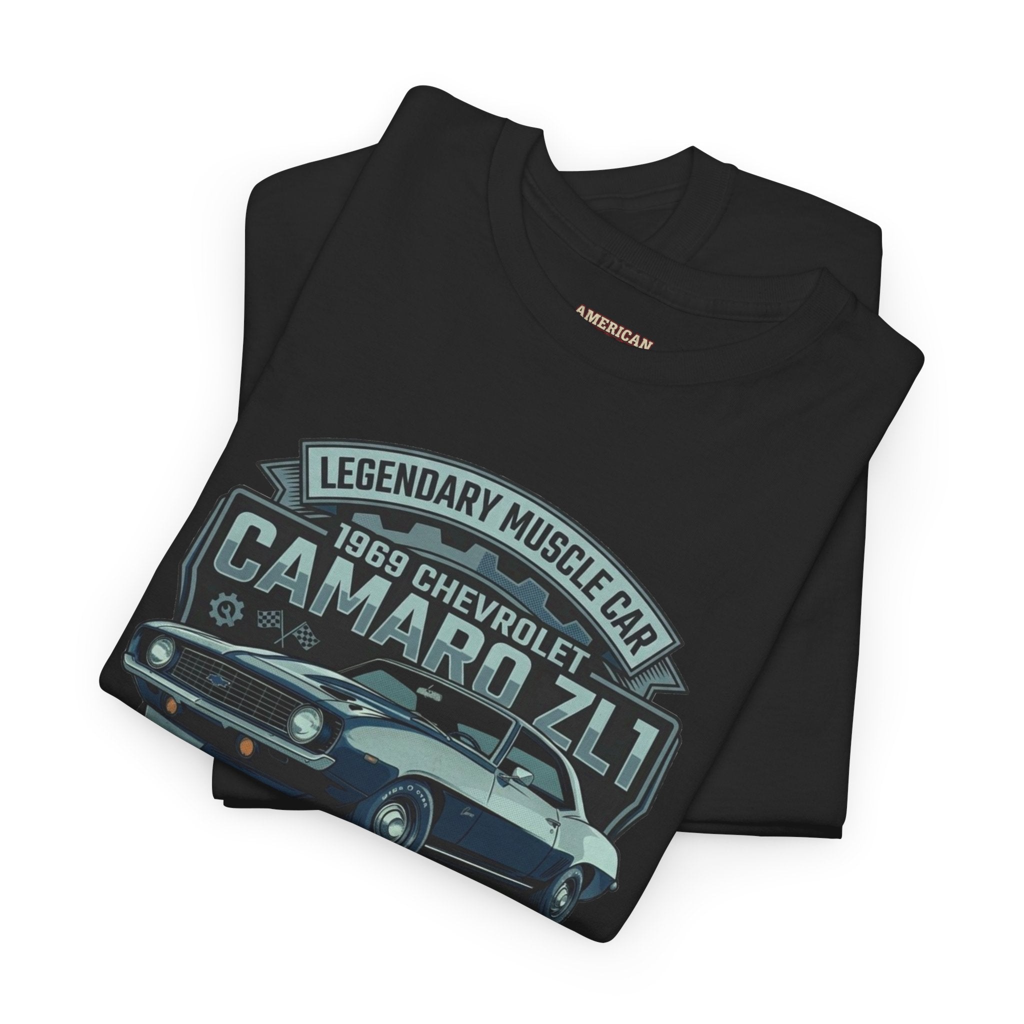 Black t-shirt with 1969 Chevrolet Camaro ZL1 graphic on a white background