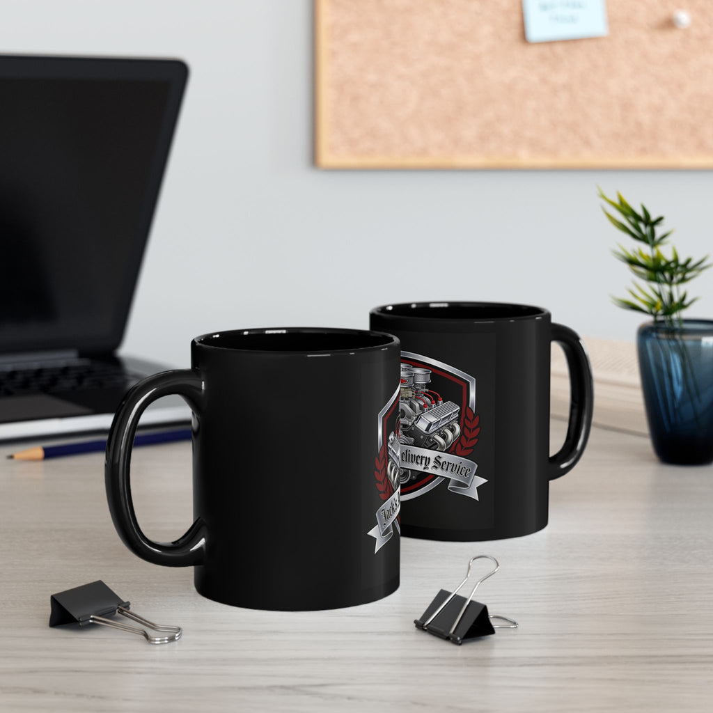 Car Mechanic Engine Shield Black Mug — "Jack's Auto Delivery Service" Coffee Cup (11oz, 15oz)