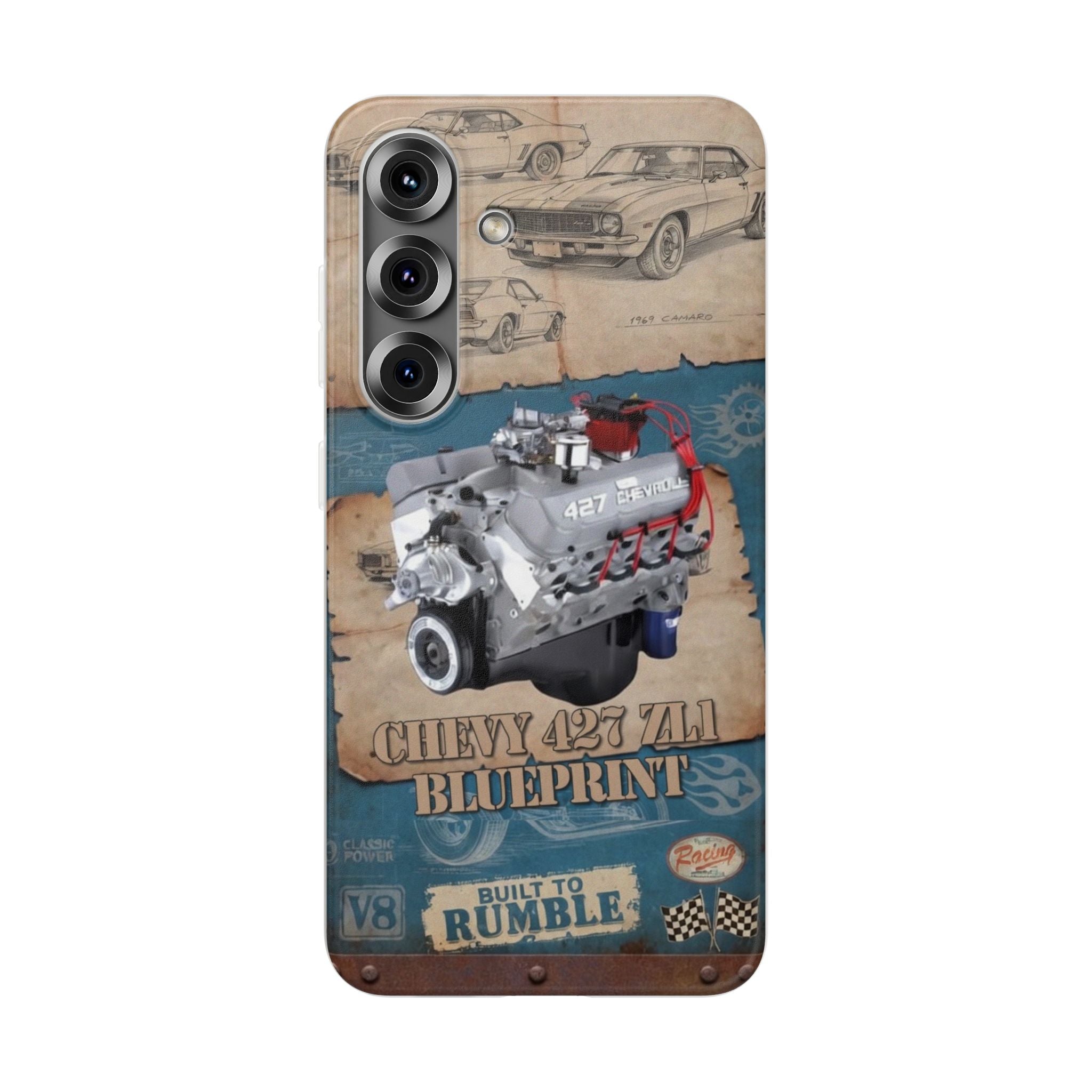 Built to Rumble Chevy 427 ZL1 Blueprint Phone Case - Retro Engine Design