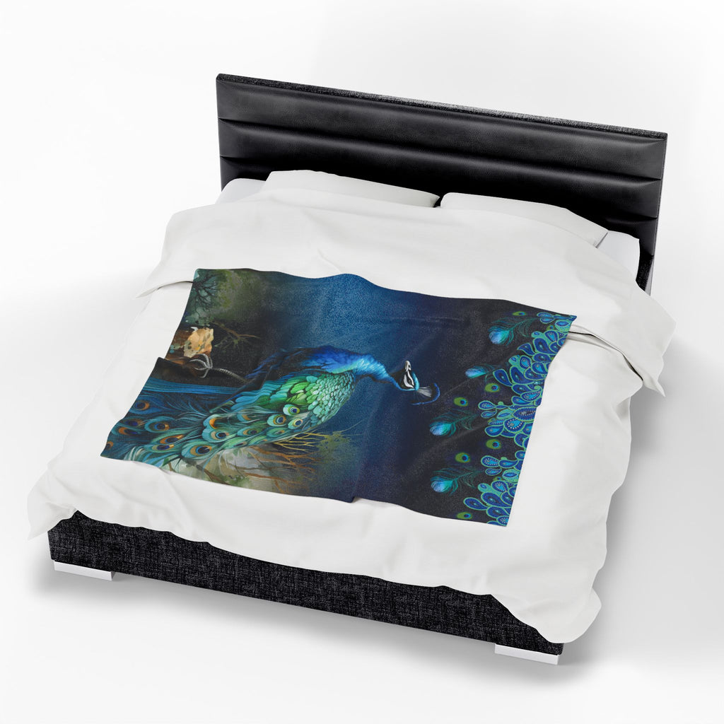 Peacock Velveteen Plush Blanket – Luxe Blue Peacock Wildlife Throw