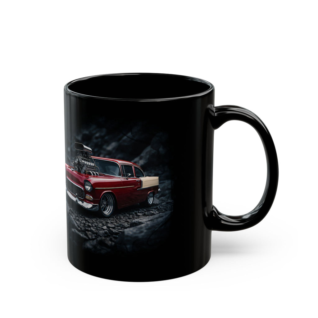 Black mug with a red car design on a white background