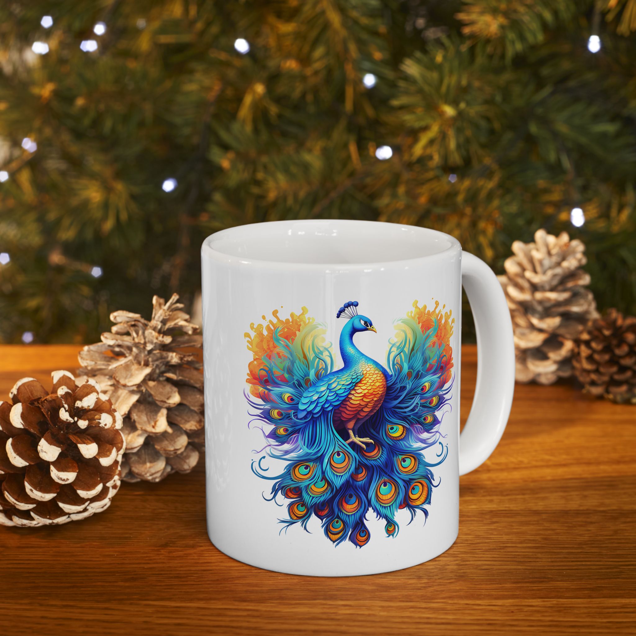 White mug with a colorful peacock design on a wooden surface with pine cones and a Christmas tree in the background.