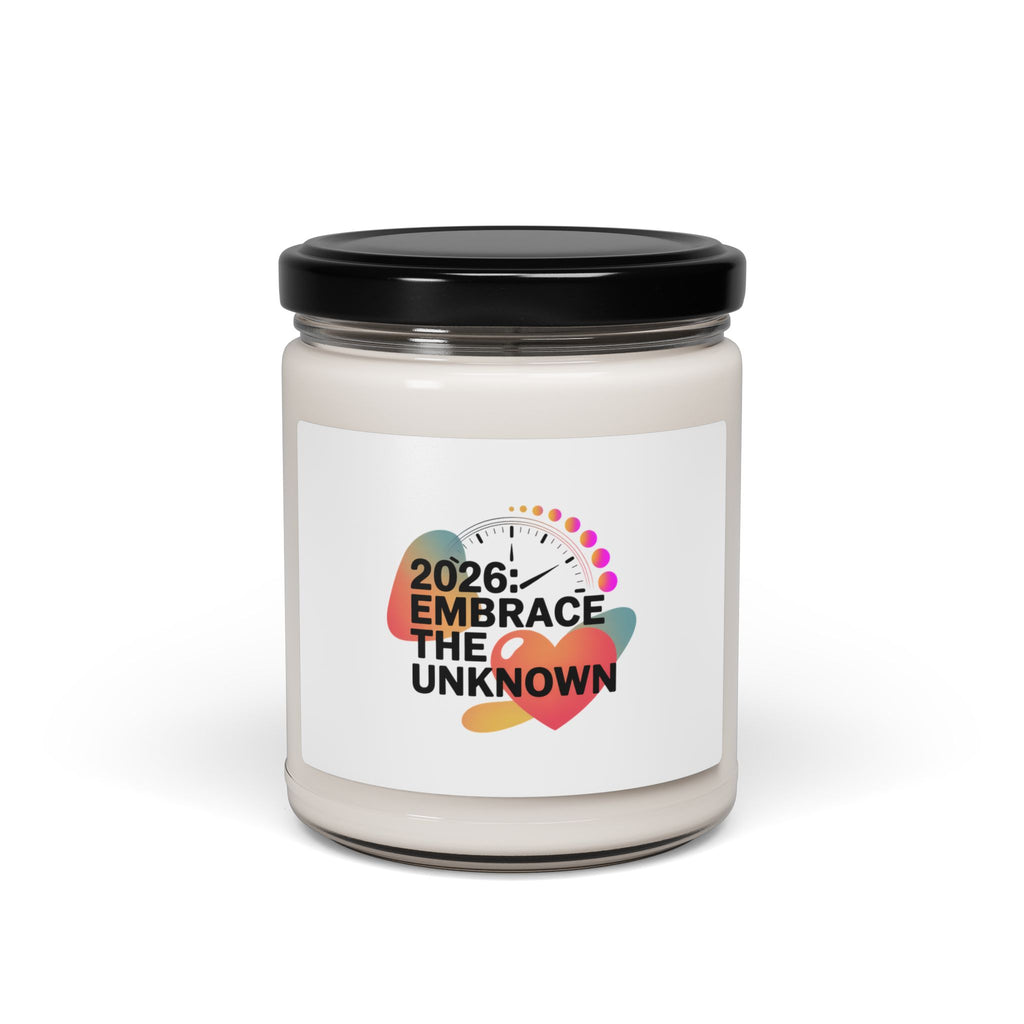 Candle jar with a label reading '2026: Embrace the Unknown' on a white background