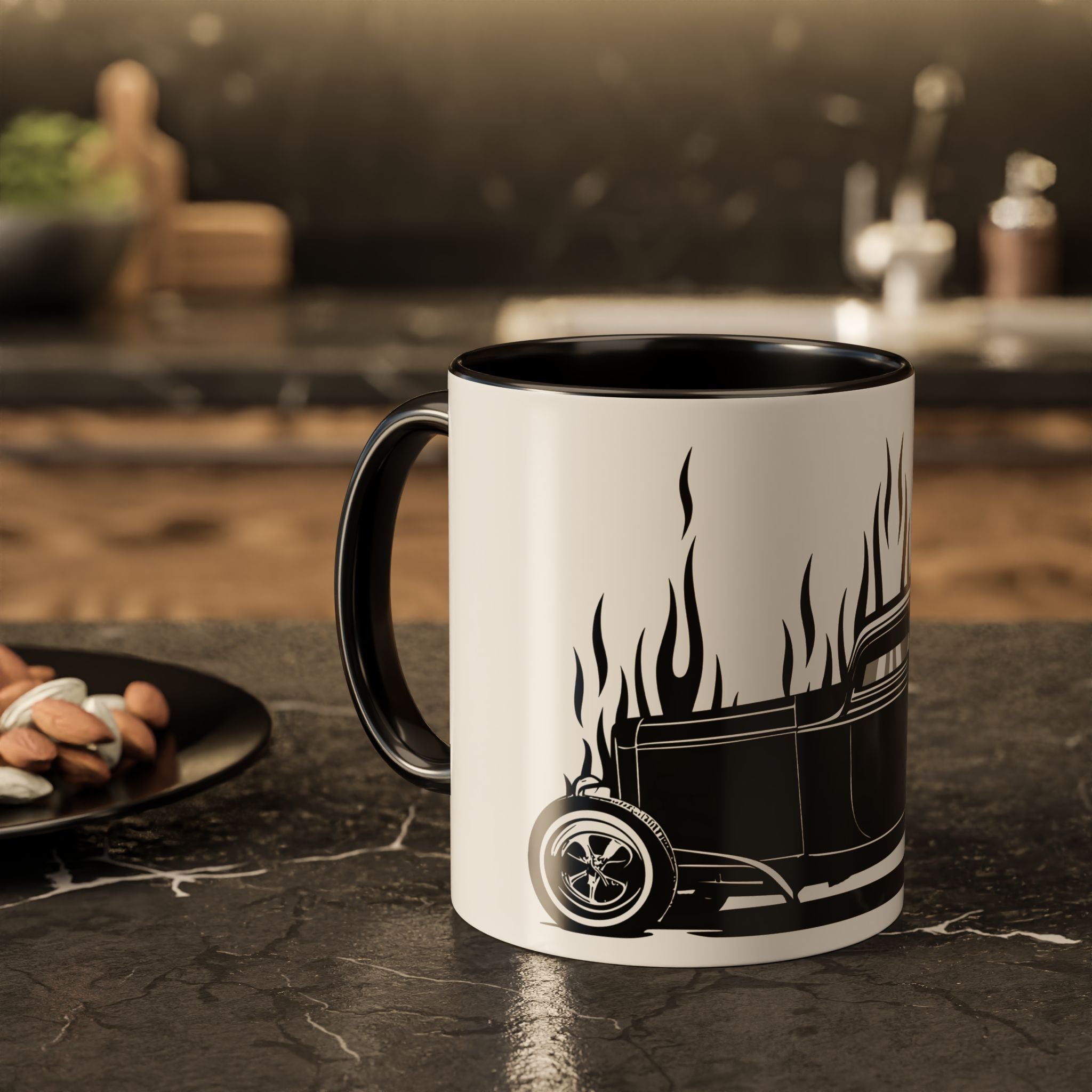 Mug with hot rod and flame design on a kitchen counter