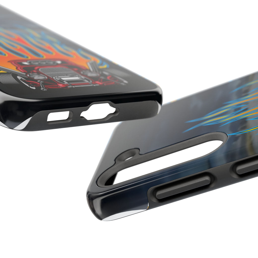 Two phone cases with colorful designs on a white background
