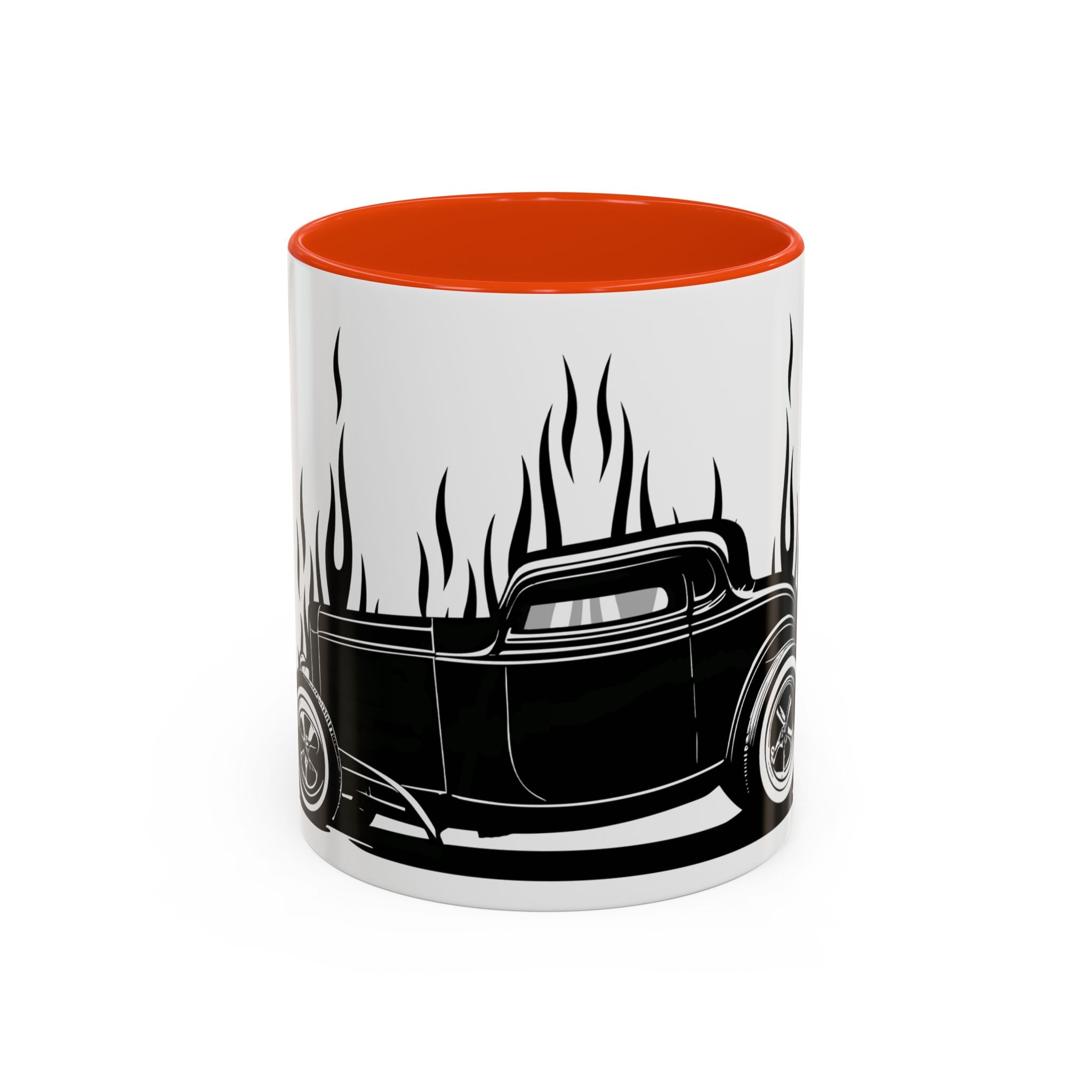 Mug with a black hot rod design and orange interior on a white background