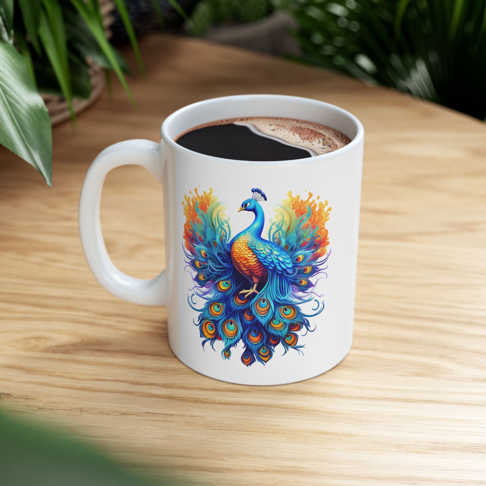White mug with a colorful peacock design on a wooden table.
