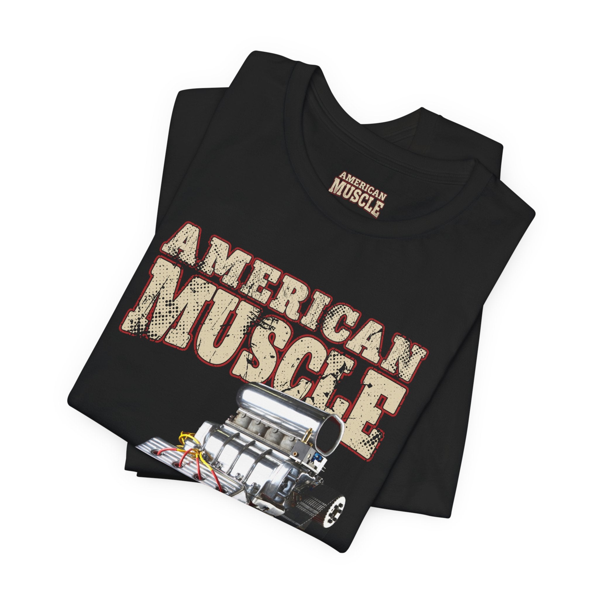 Black t-shirt with 'American Muscle' graphic design on a white background