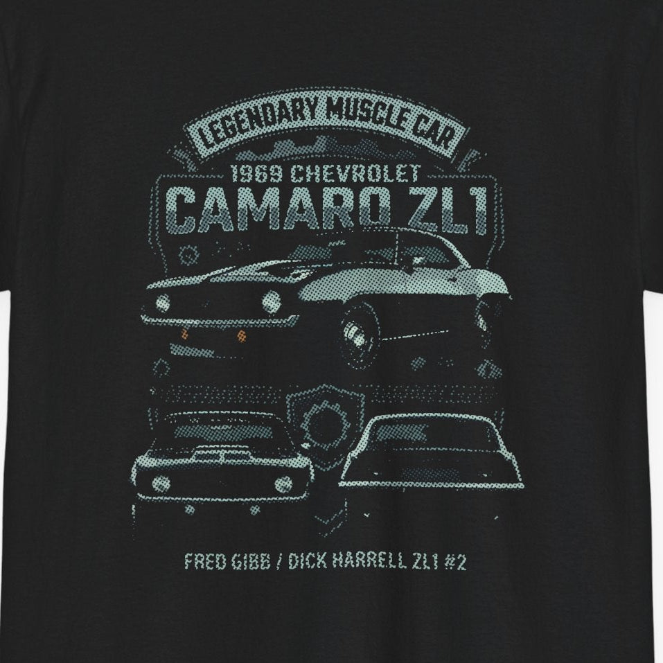 Black t-shirt with a graphic of a 1969 Chevrolet Camaro ZL1 on a white background