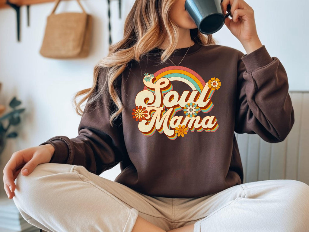Boho Rainbow Shirt Soul Mama Cotton Tee Long Sleeve Casual Top Vintage Style Graphic Design Eco Friendly Mother Day Unisex Apparel