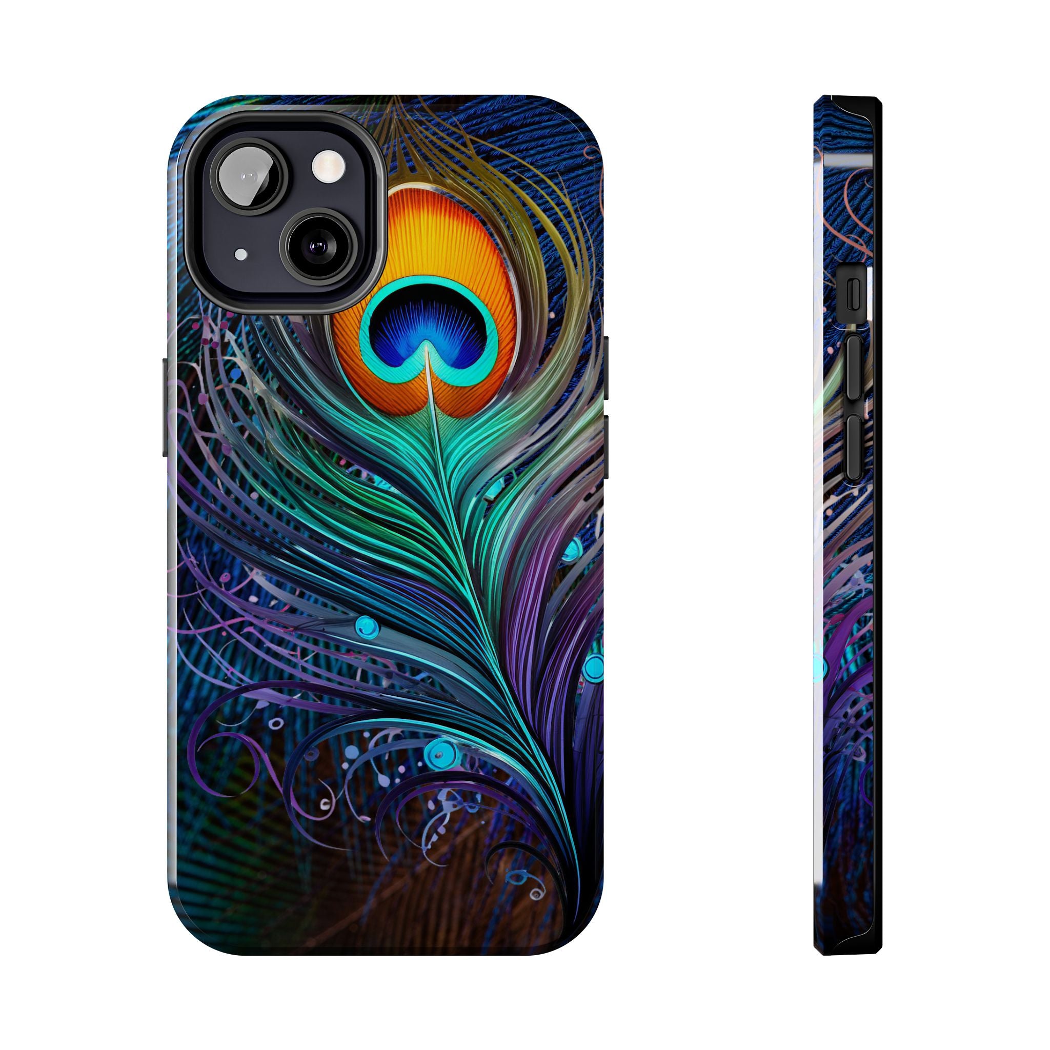 Phone case with a colorful peacock feather design on a white background