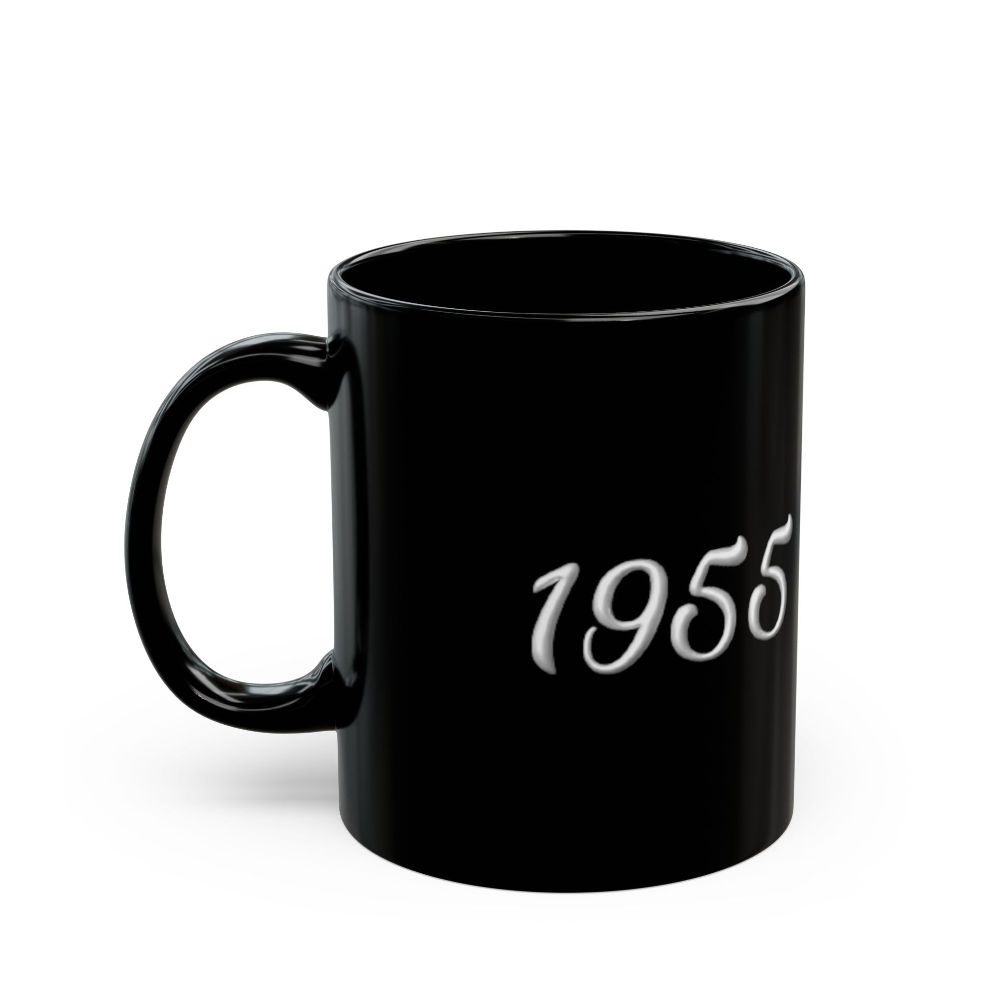 Black mug with a logo and text on a white background