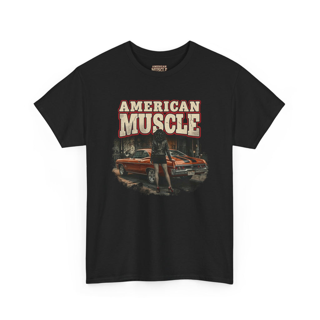 Black t-shirt with 'American Muscle' graphic design featuring a car and person on a white background.