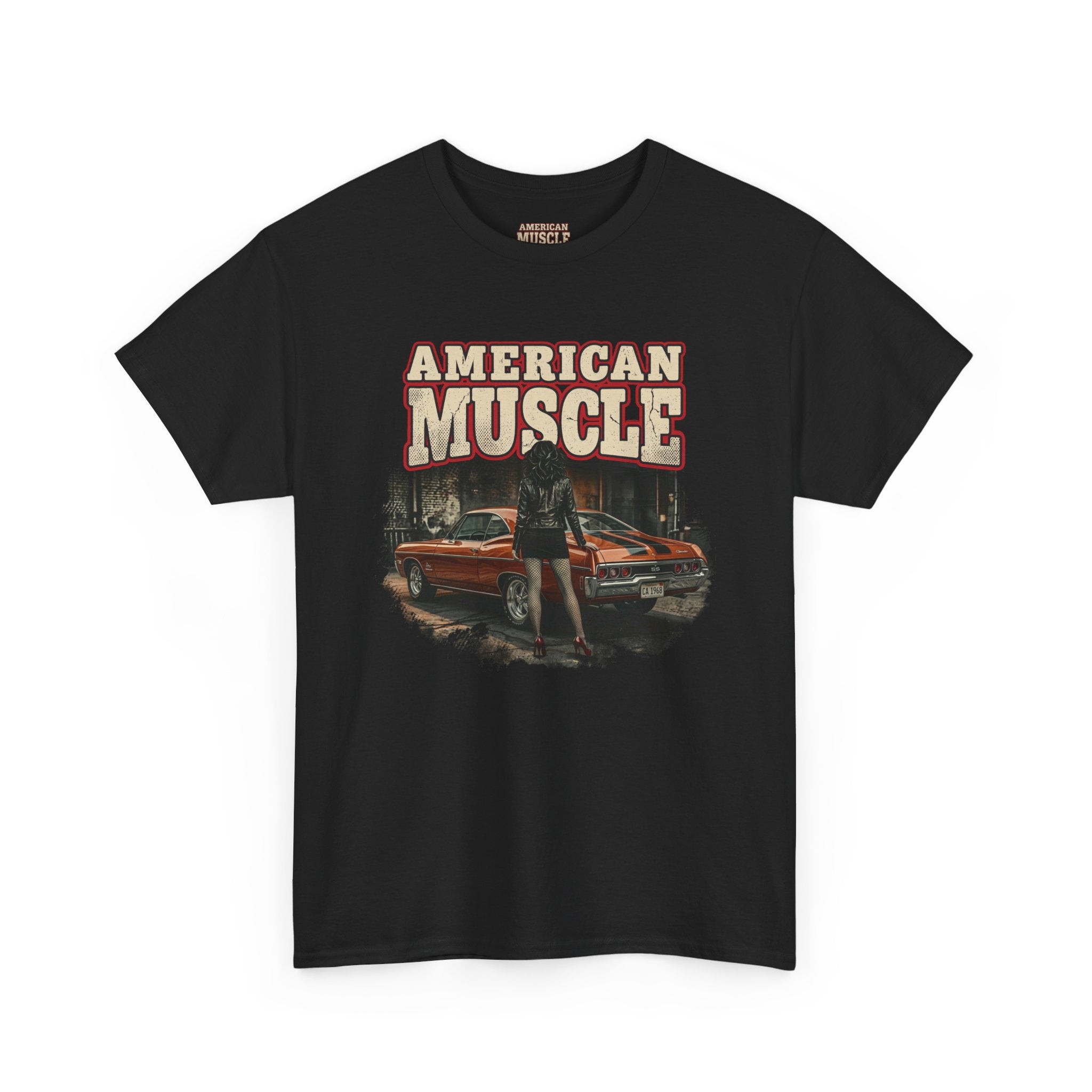 Black t-shirt with 'American Muscle' graphic design featuring a car and person on a white background.