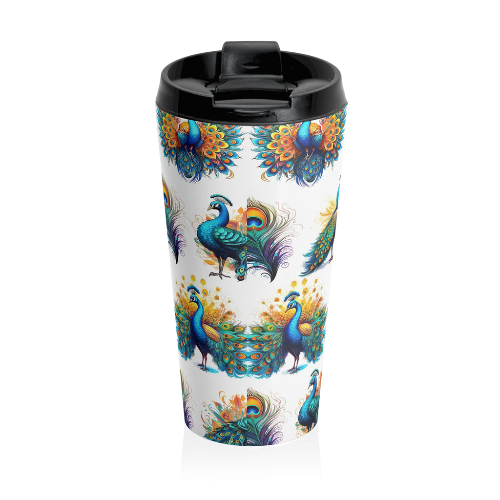 Tumbler with peacock design on a white background