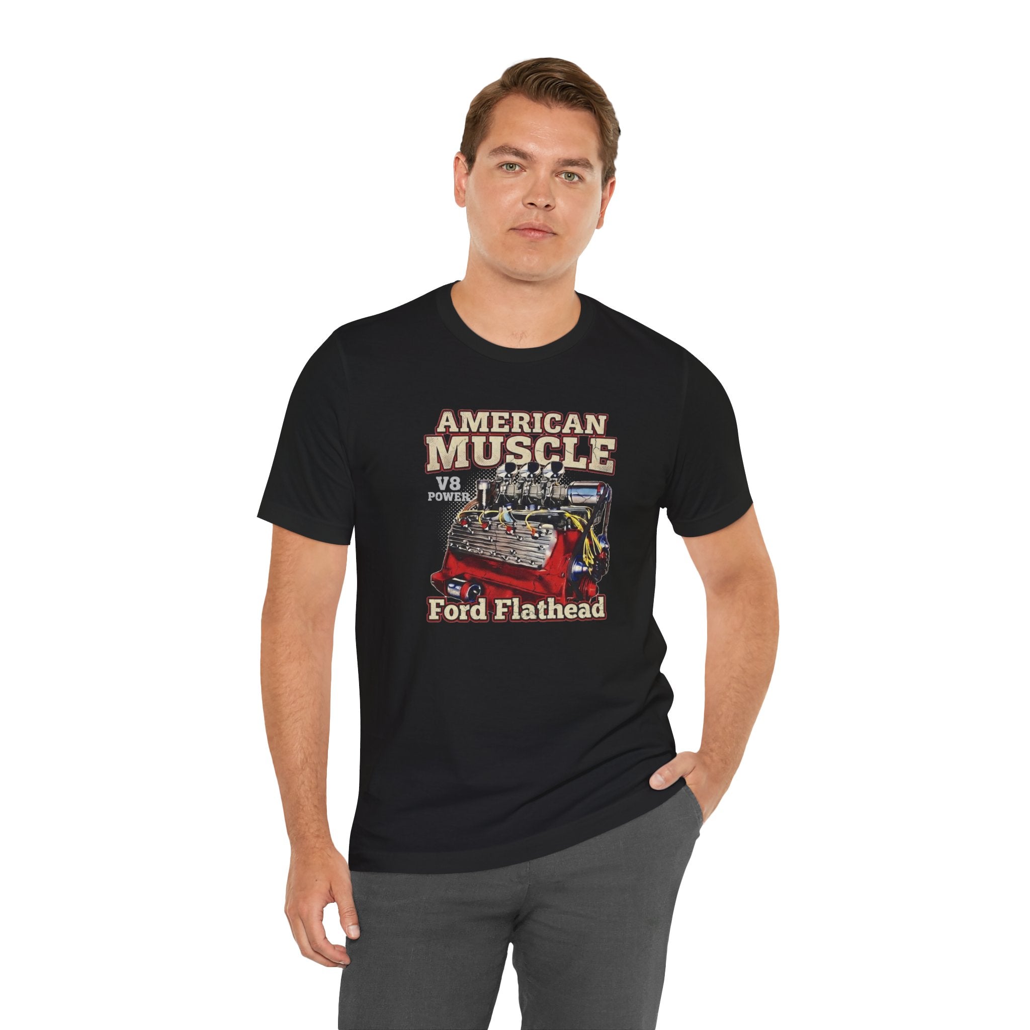 Person wearing a black t-shirt with 'American Muscle' and 'Ford Flathead' graphic design.