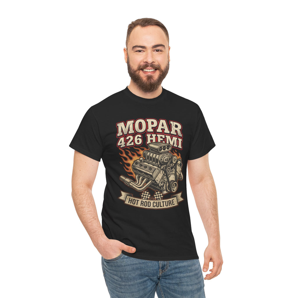 Man wearing a black t-shirt with Mopar 426 Hemi design on a white background