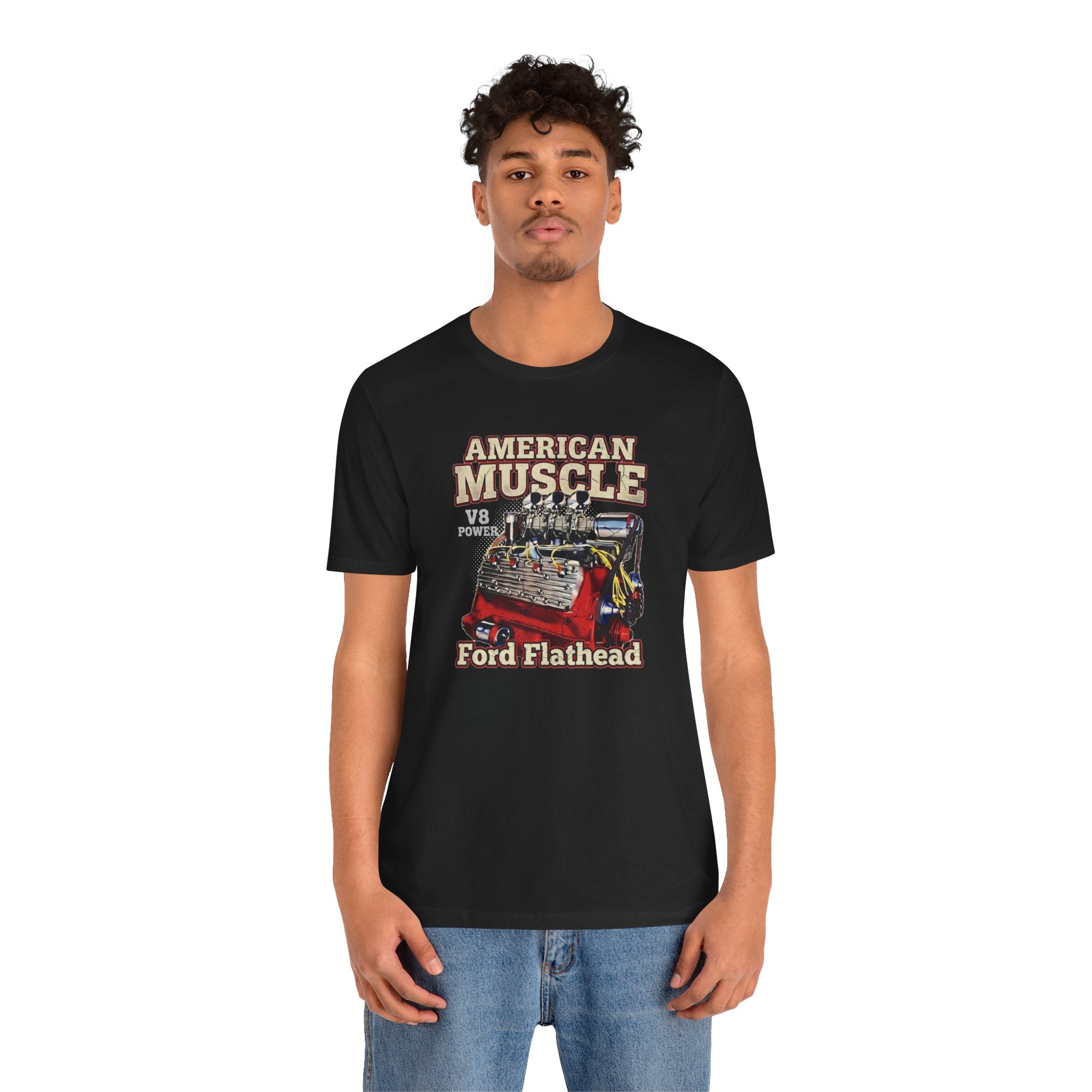 Person wearing a black t-shirt with 'American Muscle' and 'Ford Flathead' graphic design.
