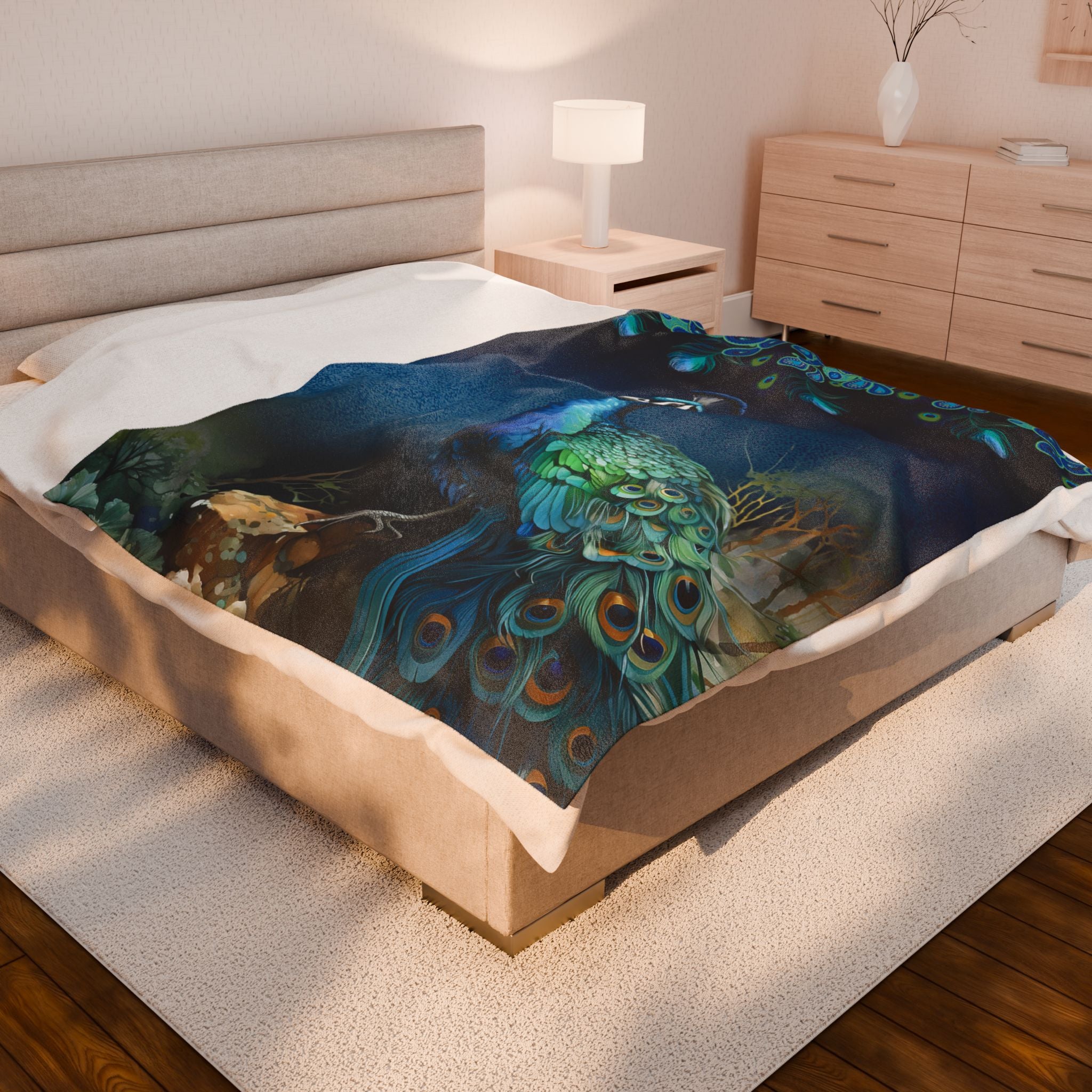 Peacock Velveteen Plush Blanket – Luxe Blue Peacock Wildlife Throw