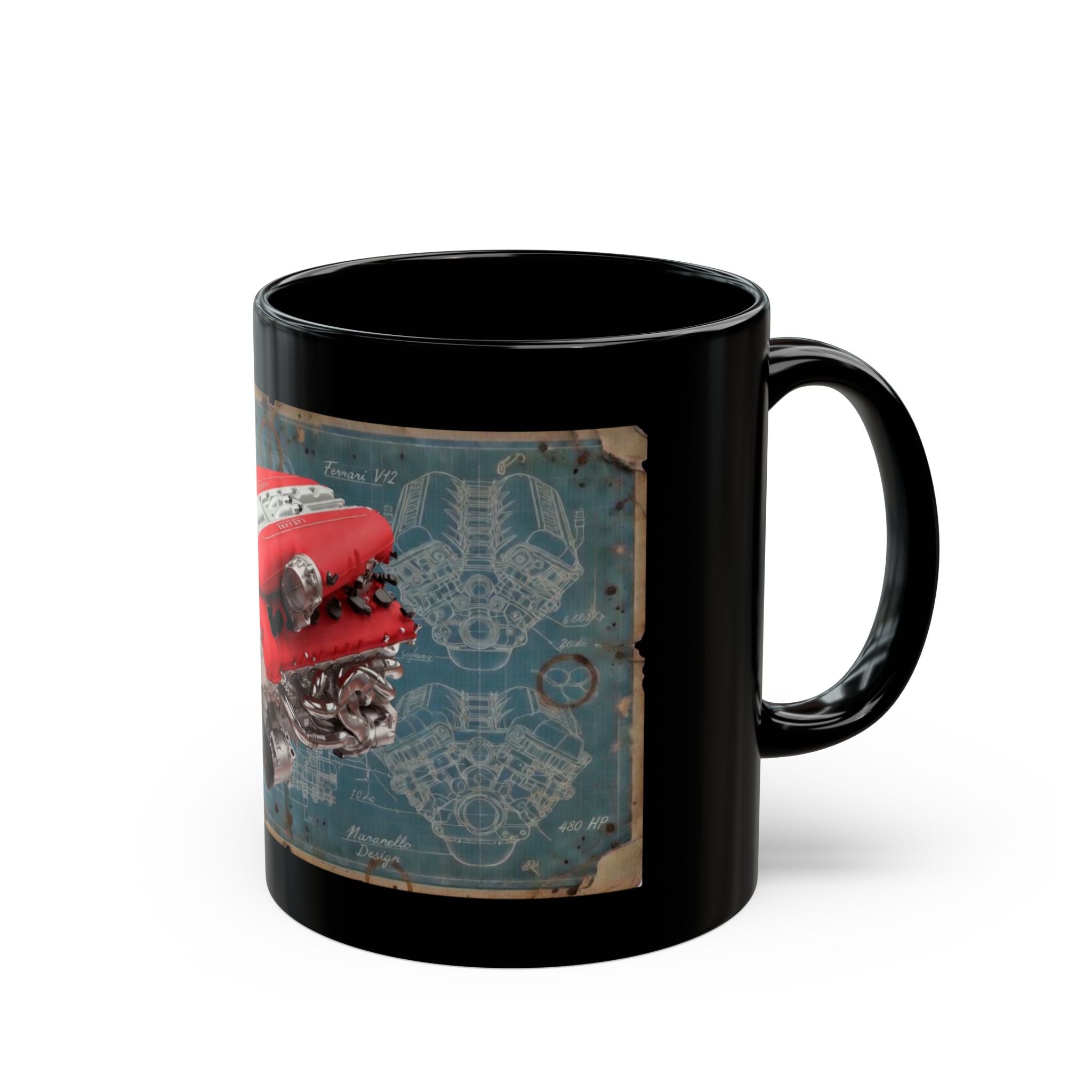 Guess the Engine - #5 Ferrari V12 Engine Blueprint Black Mug – Classic Car Mechanic Coffee Cup (11oz/15oz)