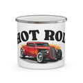 Enamel mug with a red hot rod graphic and 'Hot Rod' text on a white background