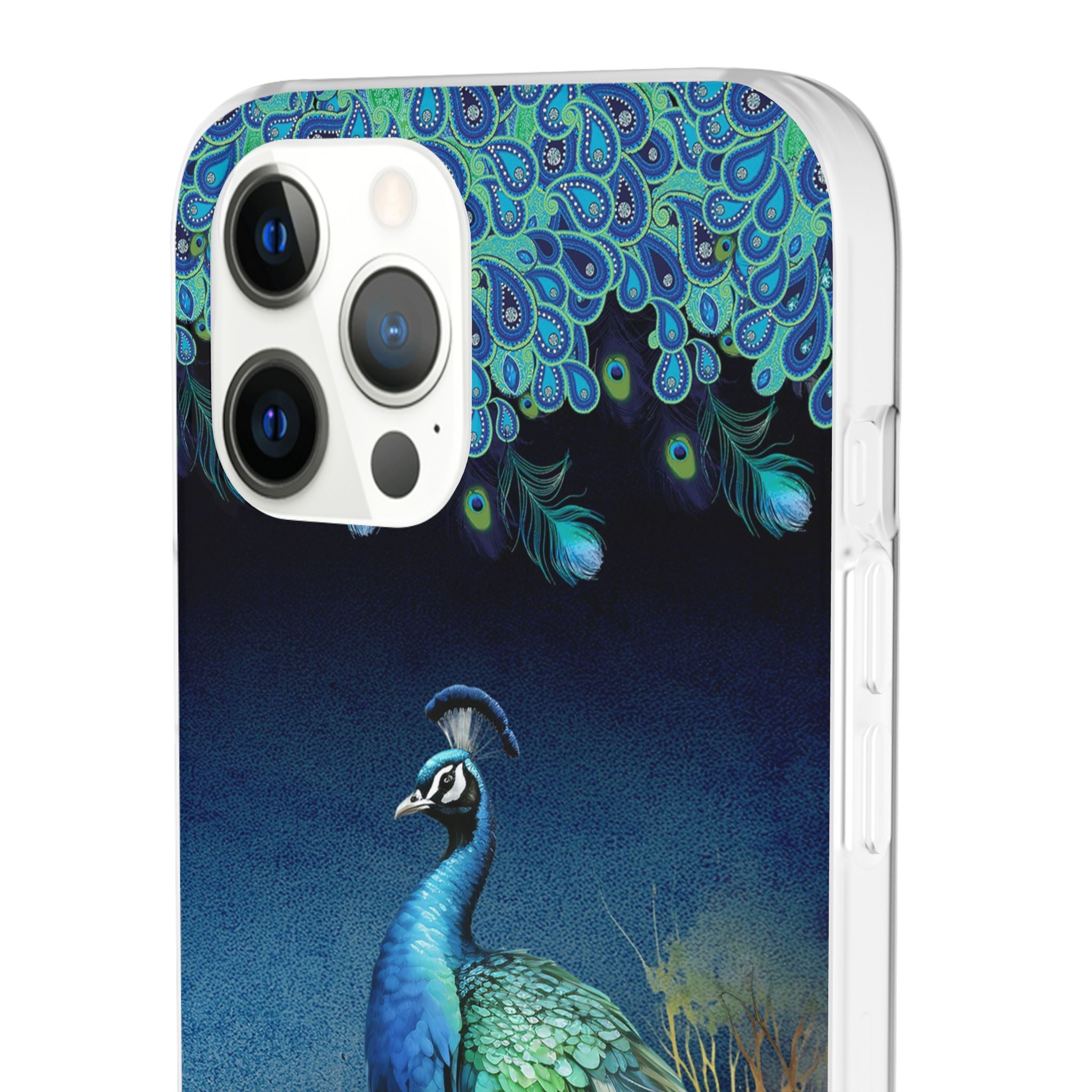 Phone case with peacock design on a white background