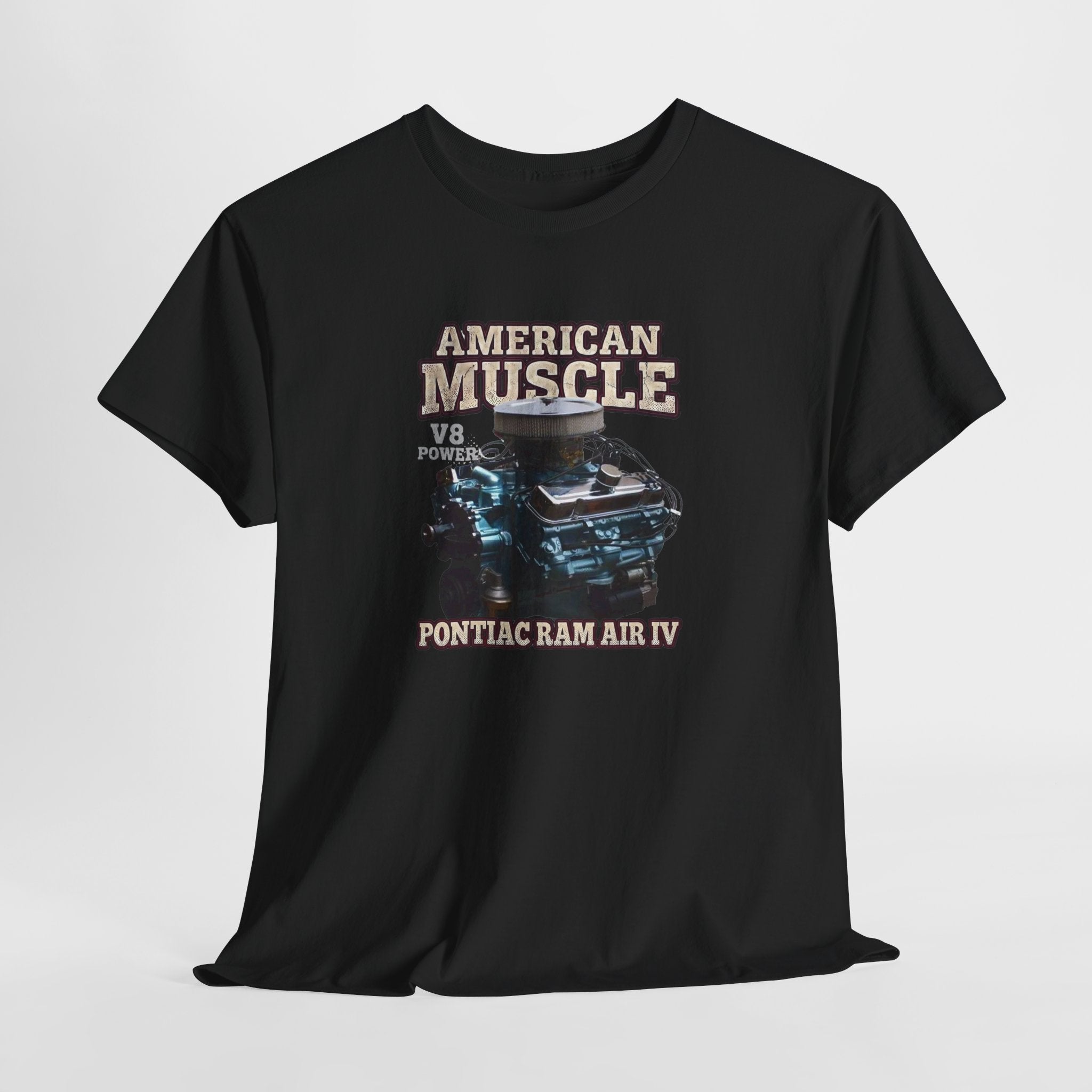 Black t-shirt with 'American Muscle', 'Pontiac Ram Air IV' and car graphic on a light gray background