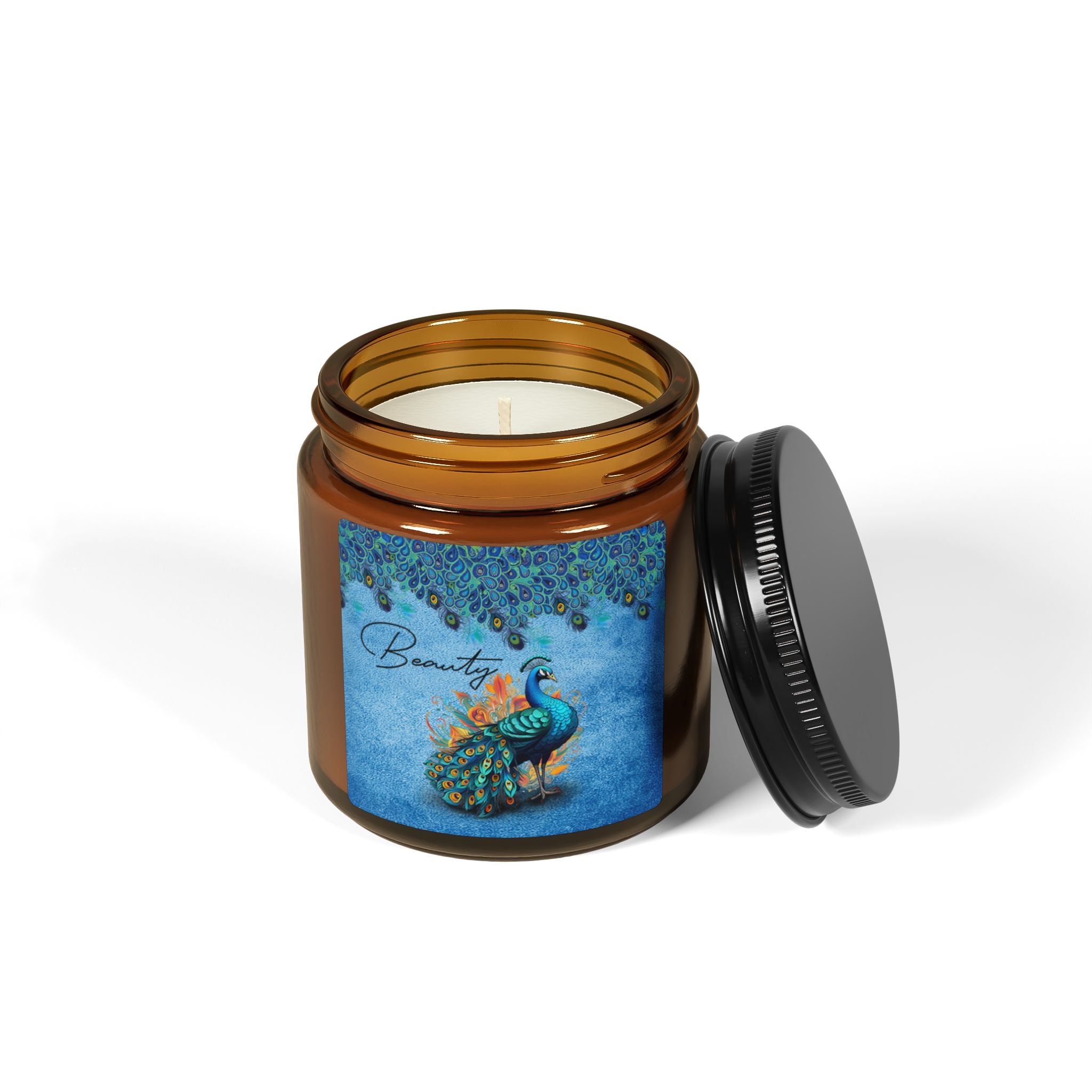 Peacock “Beauty” Scented Soy Candle | Amber Jar Luxury Home Fragrance