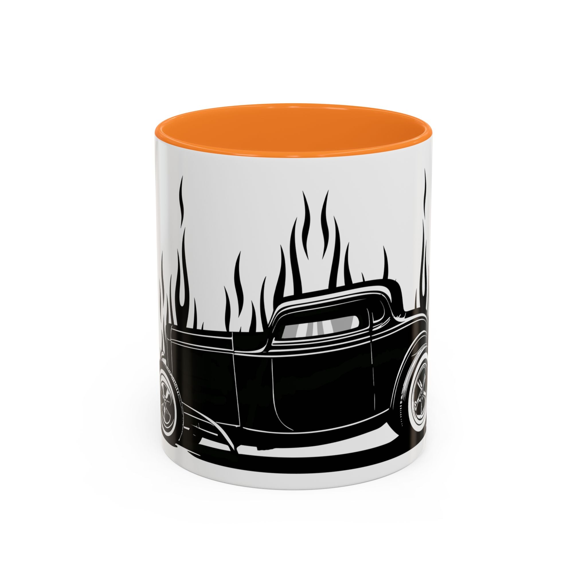 Mug with a black car design and orange interior on a white background