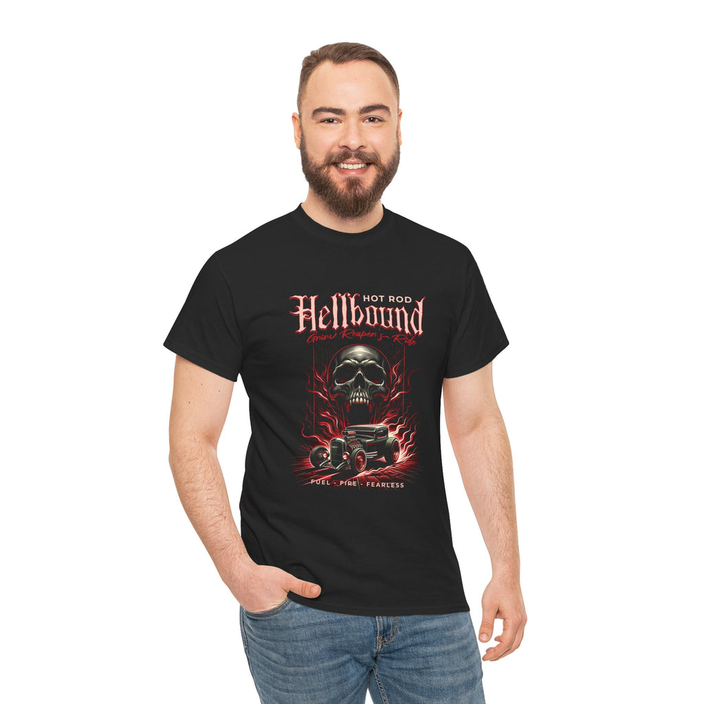 Hellbound Hot Rod T‑Shirt — Skull, Flames & Classic Muscle Car Graphic Tee - American Muscle
