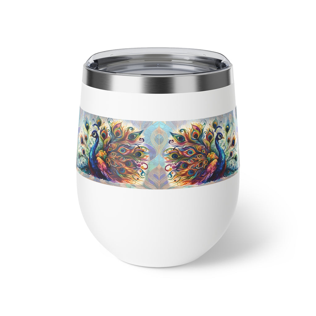 White tumbler with peacock feather design on a white background