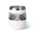 White tumbler with peacock feather design on a white background