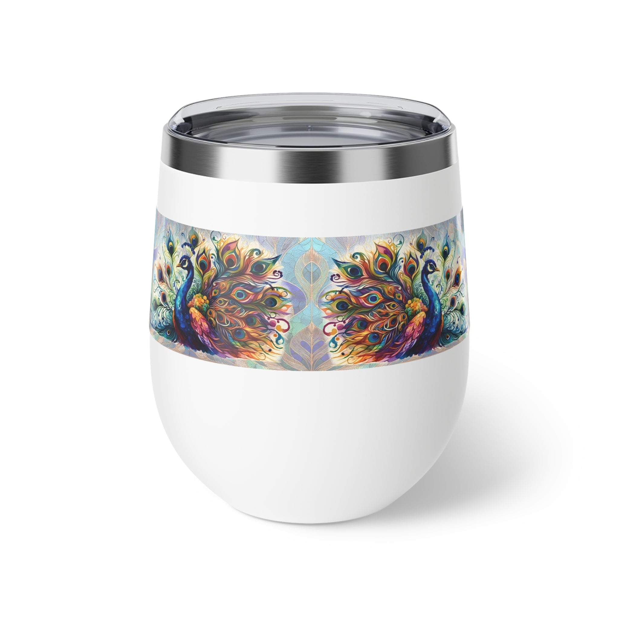 White tumbler with peacock feather design on a white background