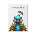Angry peacock passwords journal with blue peacock illustration peeking from bottom, "PASSWORDS" title on white cover.