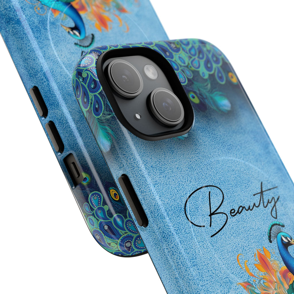 Phone case with peacock design and 'Beauty' text on a blue background