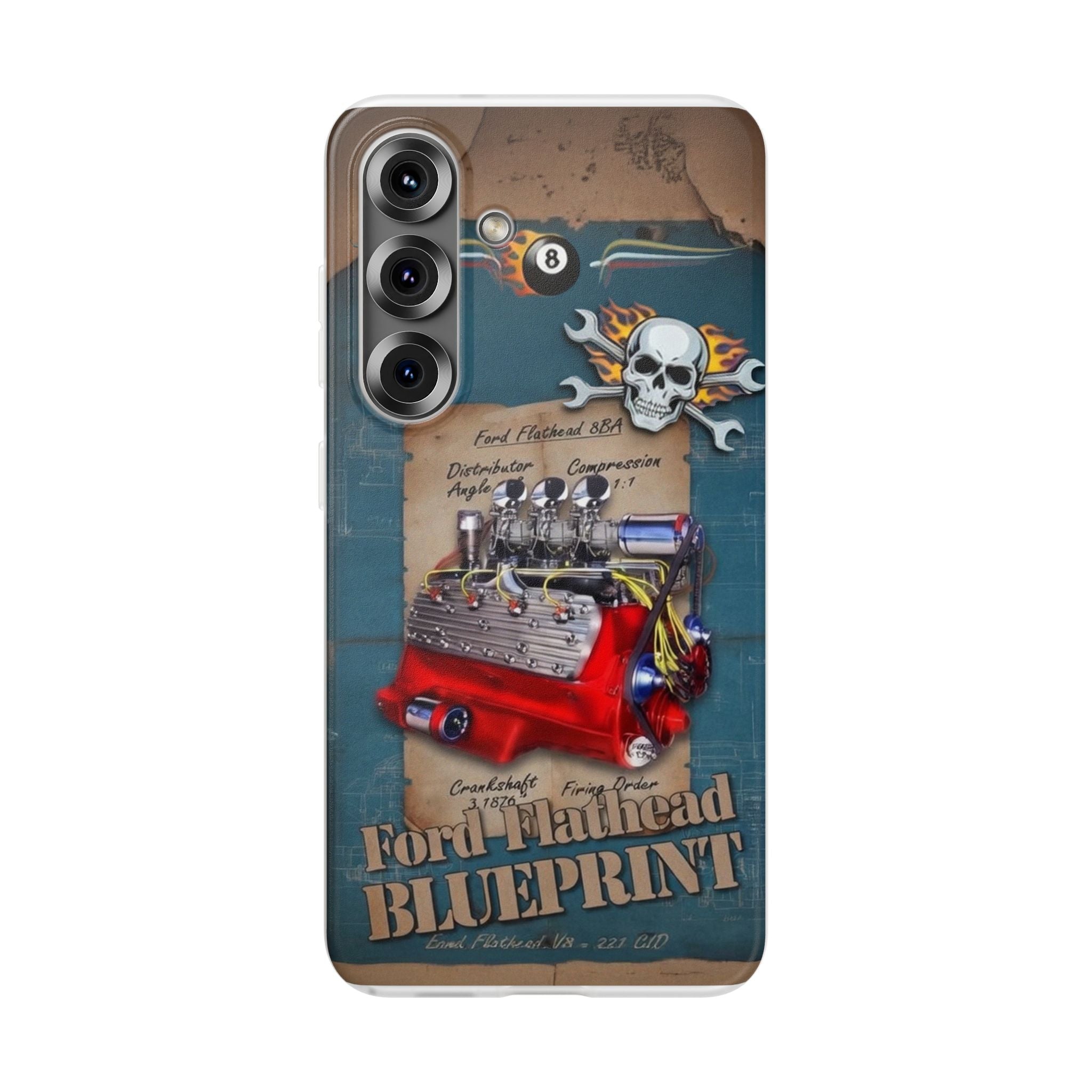 Vintage Hot Rod Engine Phone Case — Ford Flathead Blueprint Design