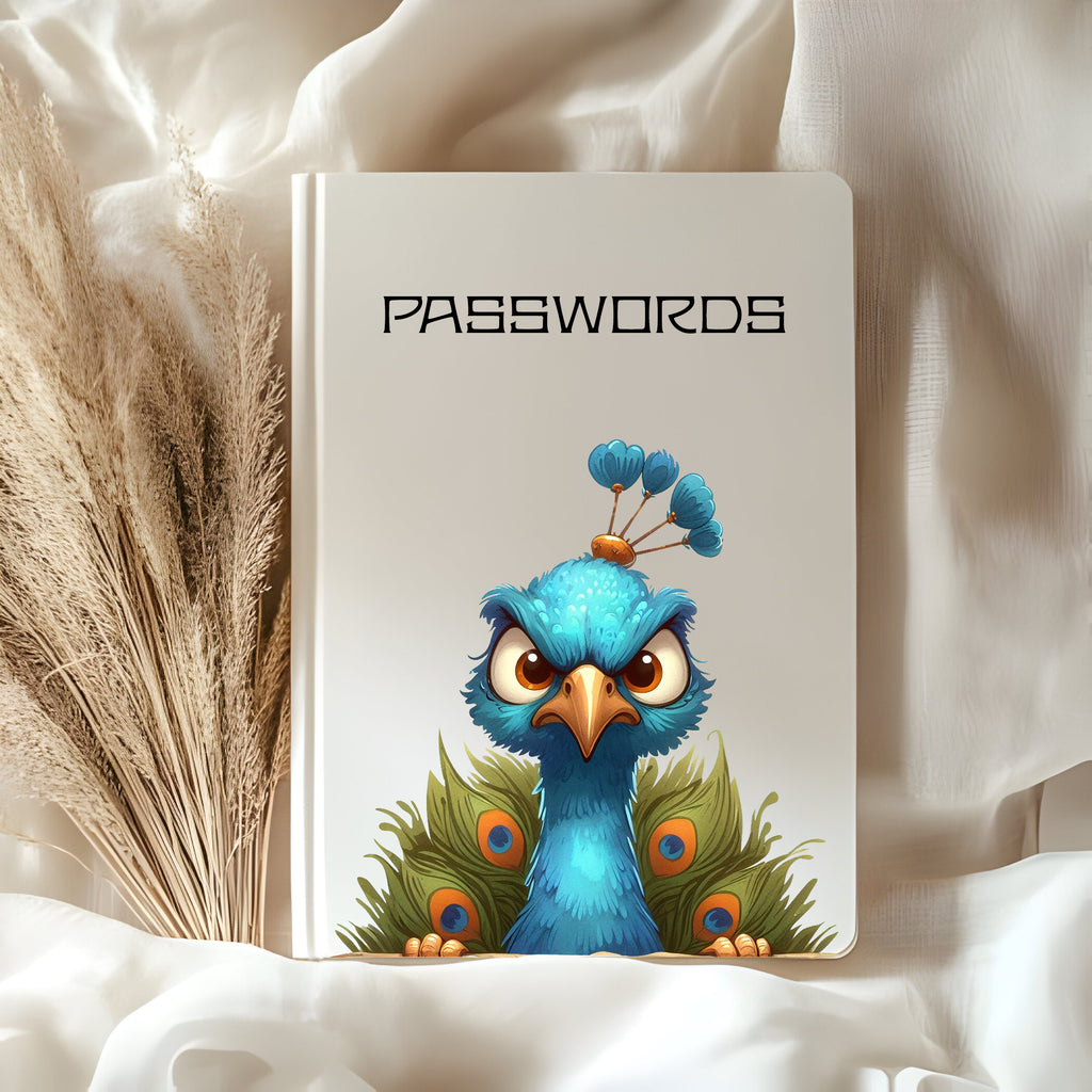 Angry peacock passwords journal, softcover notebook with bold blue peacock illustration on satin cover, funny office journal
