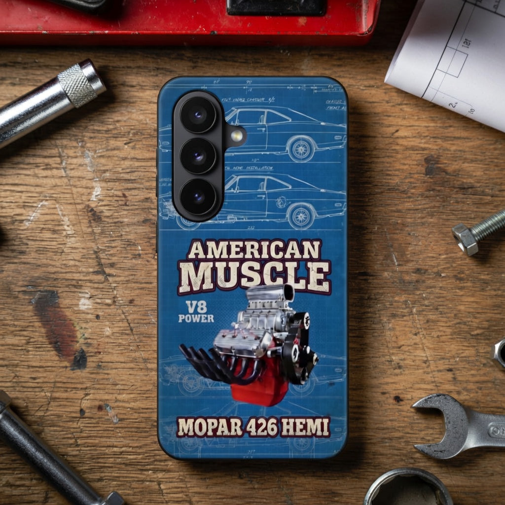 Phone case with American Muscle, Mopar 426 Hemi design on a wooden surface with tools