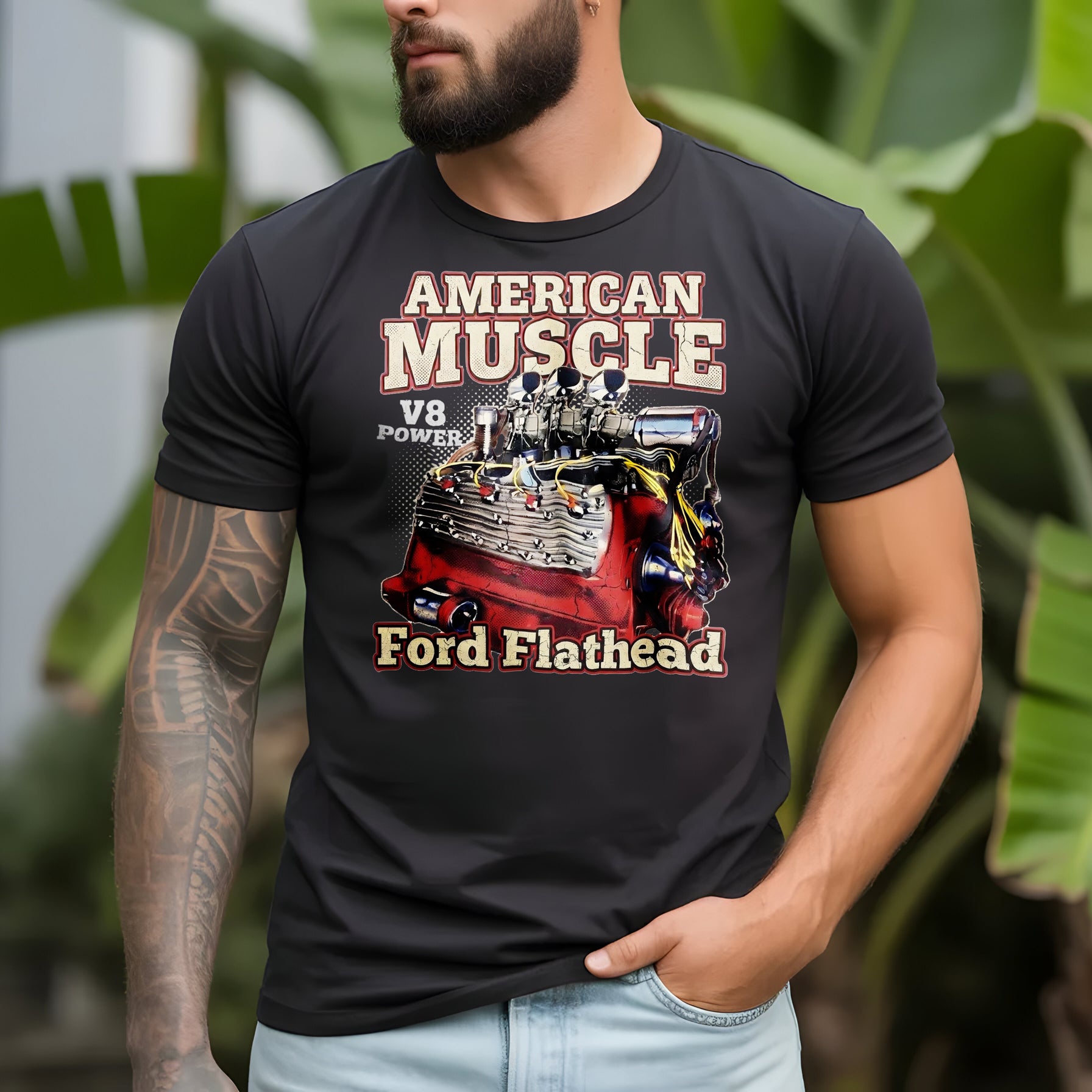 Person wearing a black t-shirt with 'American Muscle' and 'Ford Flathead' graphic design.