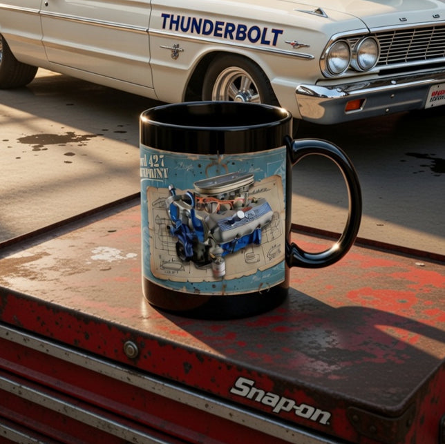 Mug with engine design on a Snap-on tool chest with a classic car in the background Ford 427 Engine Blueprint Black Mug