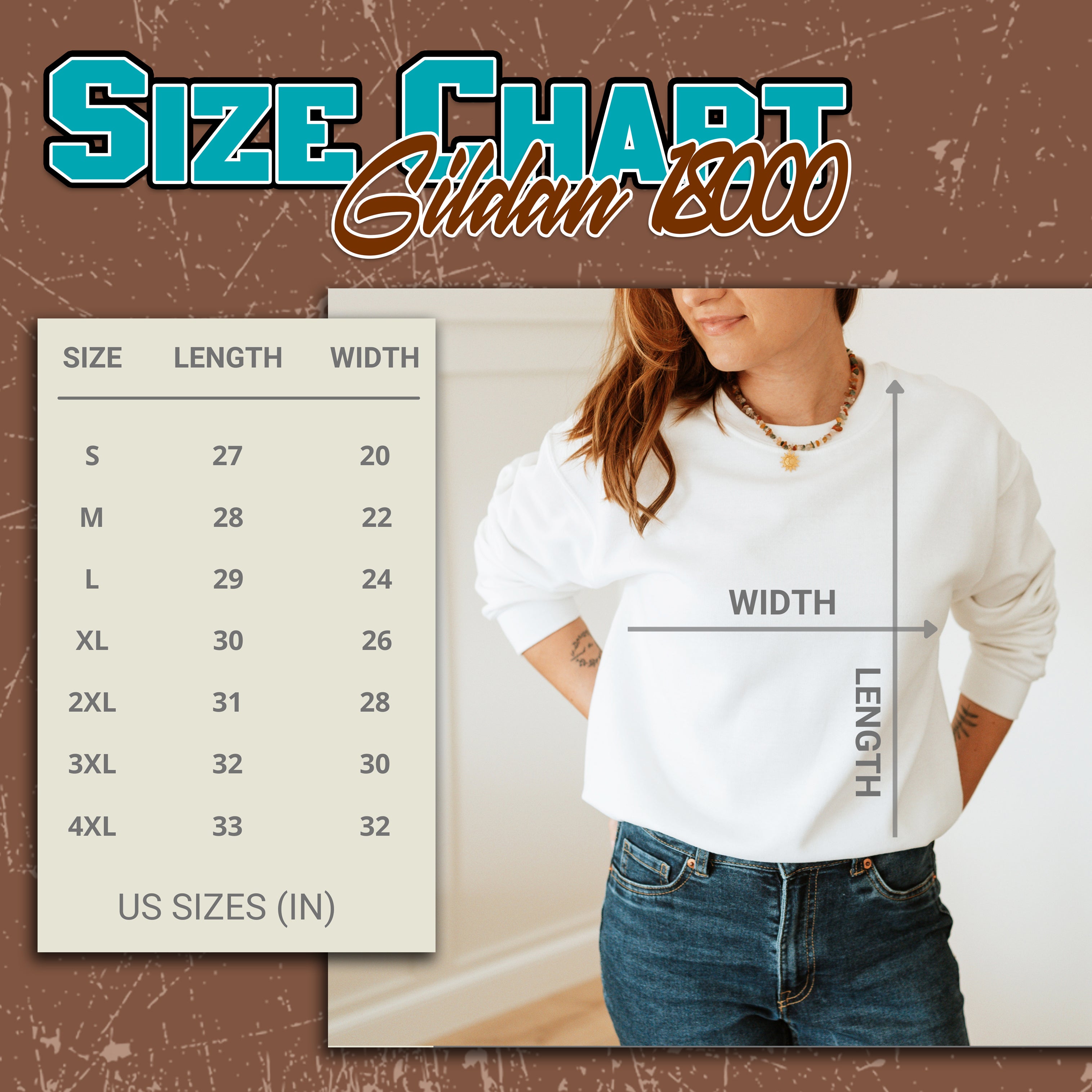 Gildan 18000 size chart for Trust Your Soul sweatshirt showing US sizes, length, and width with a model wearing a white crewneck.