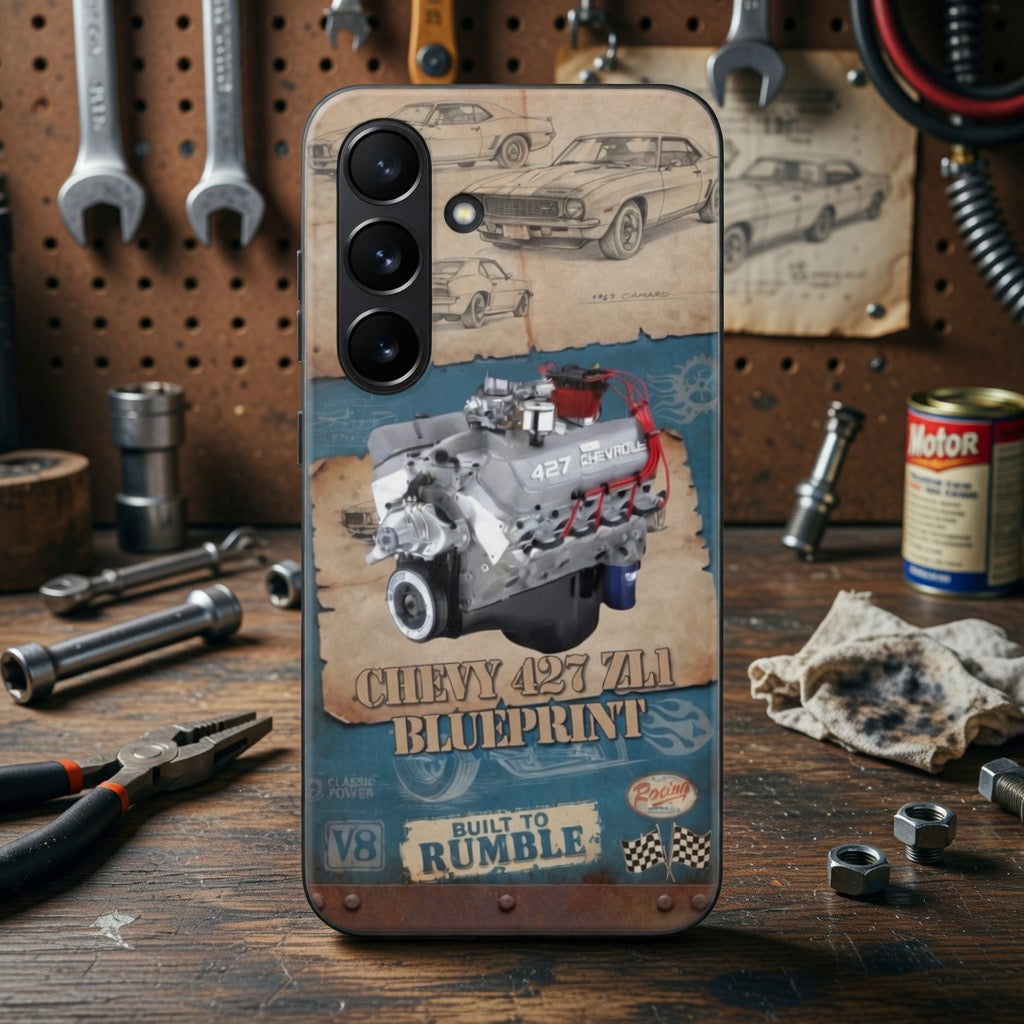 Built to Rumble Chevy 427 ZL1 Blueprint Phone Case - Retro Engine Design