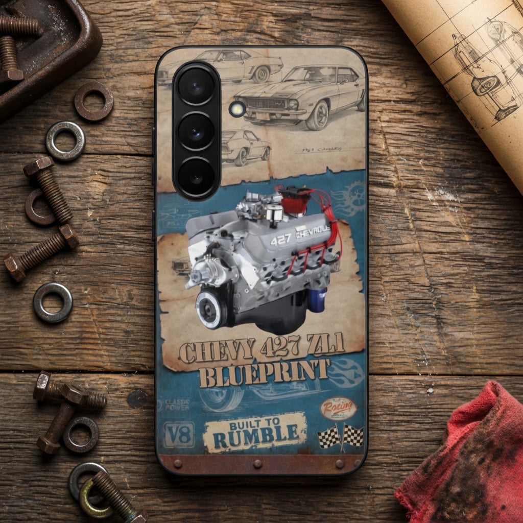 Built to Rumble Chevy 427 ZL1 Blueprint Phone Case - Retro Engine Design
