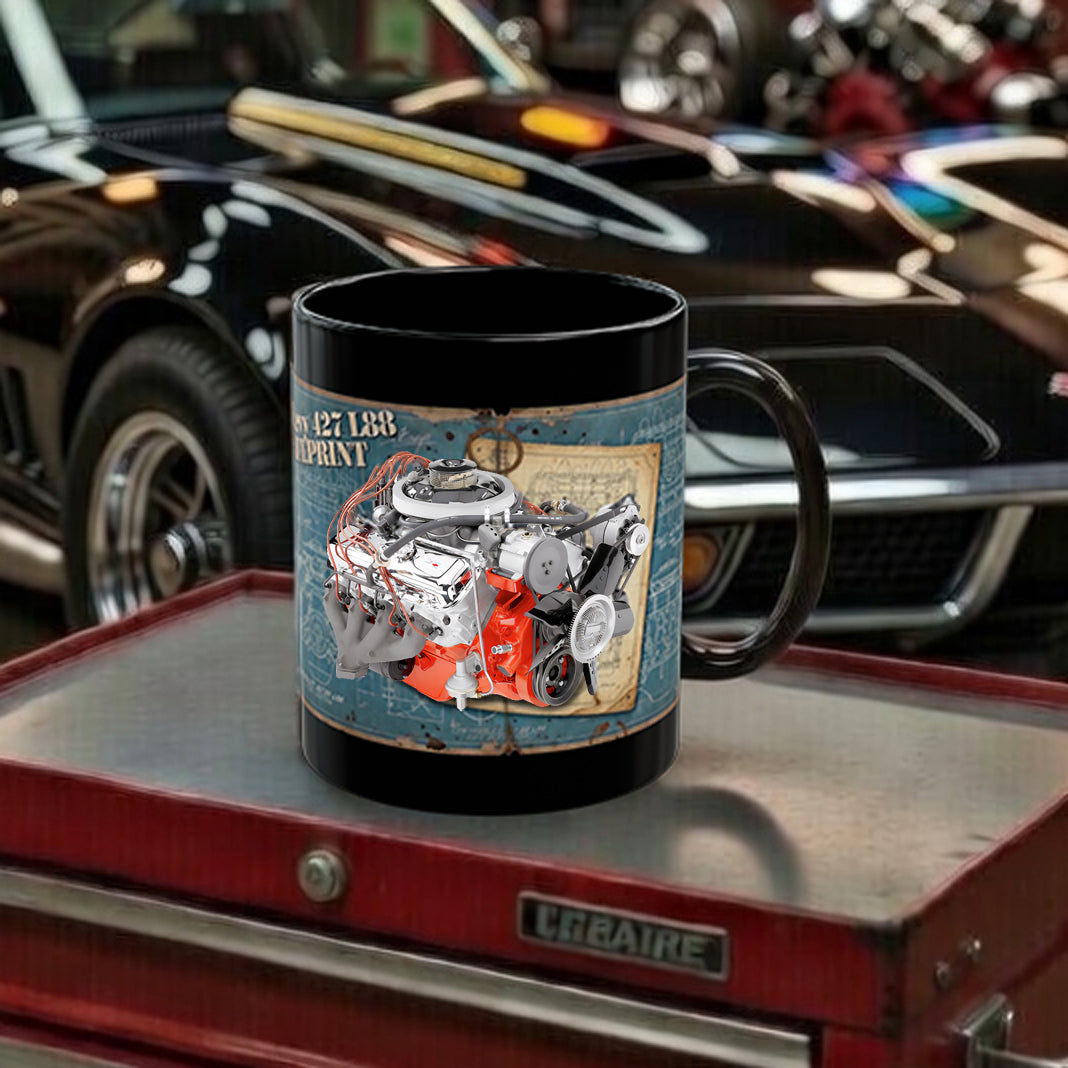 Guess the Engine - #1 L88 427 BB Chevy Engine Blueprint Black Mug – Classic Car Mechanic Coffee Cup (11oz/15oz)